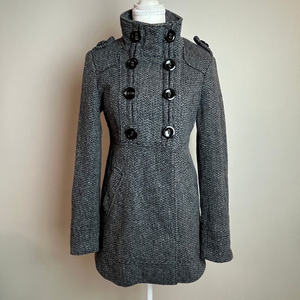 Nitrogen Women S Gray Tweed Wool Blend Double Breasted Military Coat High Collar
